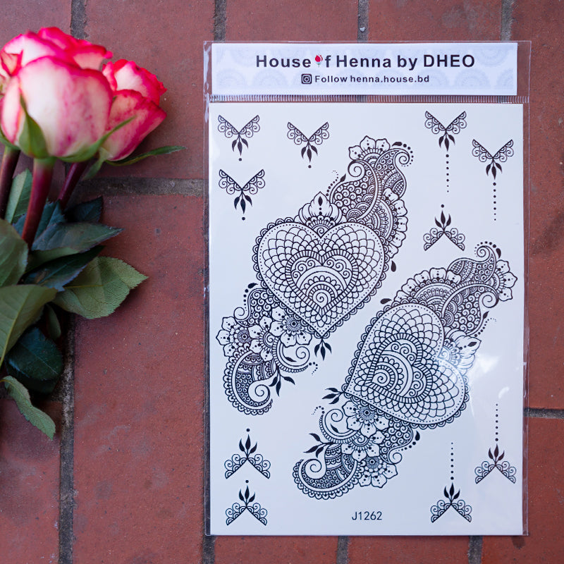 The easiest way to wear henna art.Just press with a damp cloth and reveal your design.