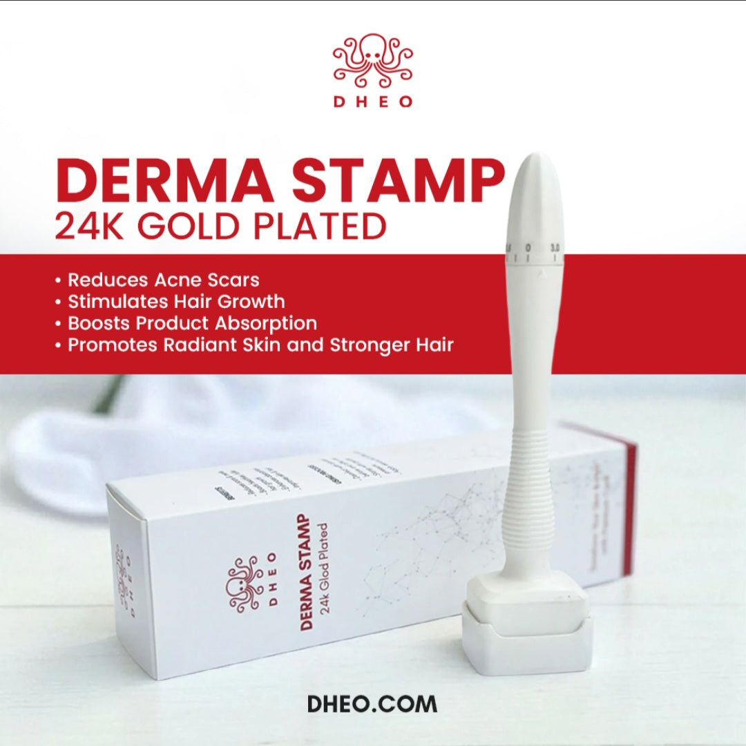 DHEO 24K gold-plated Derma Stamp device displayed next to its branded product packaging box.