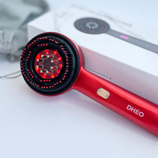 DHEO LED Scalp Massage Comb — crafted from ABS, PC, and silicone with LED light and gentle vibration technology.