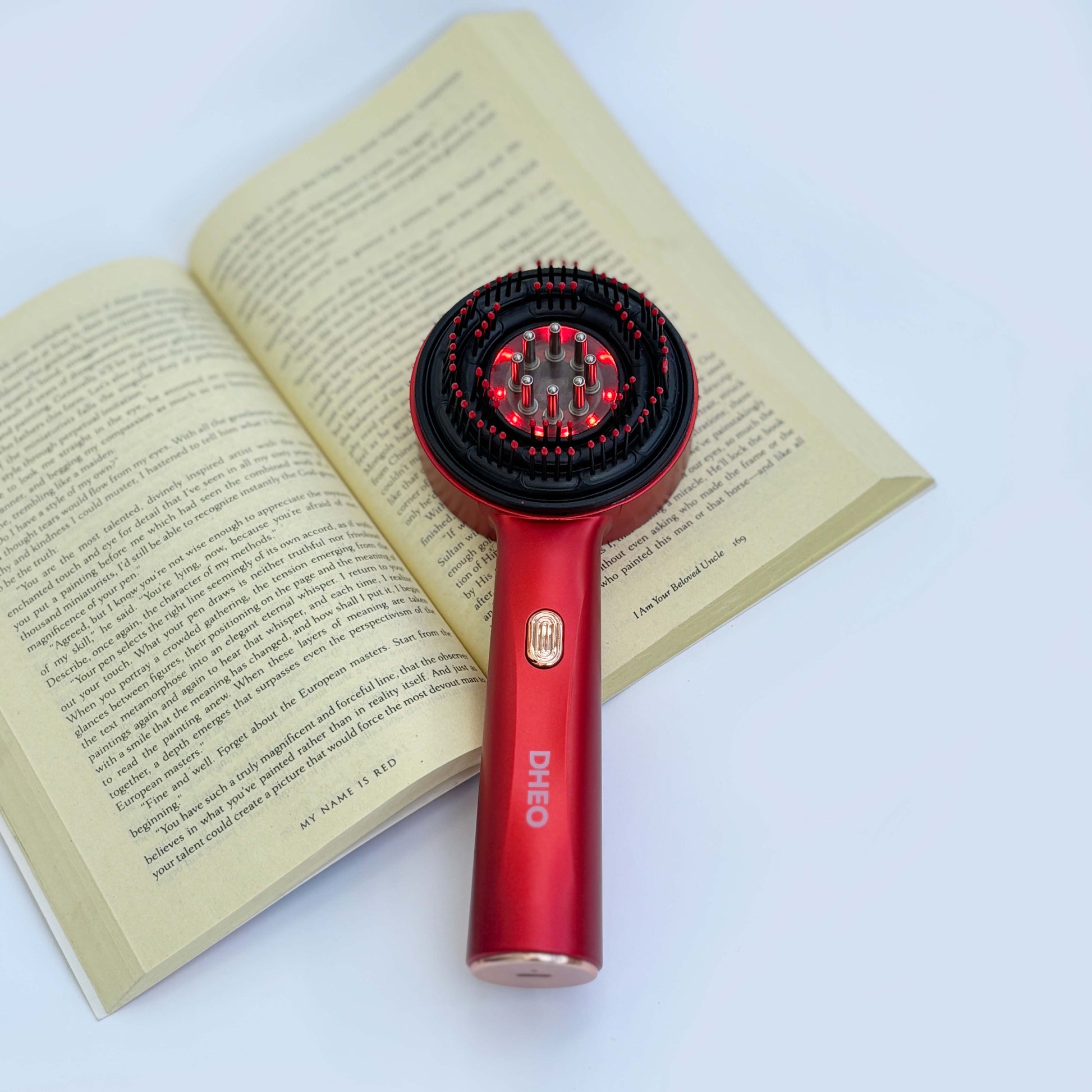DHEO LED Scalp Massage Comb — fully charge, switch on, and gently massage target areas for improved scalp circulation and relaxation.