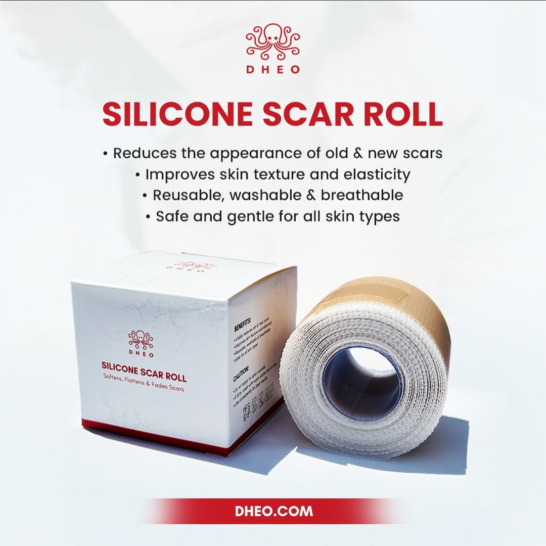 DHEO Silicone Scar Roll packaging and tape roll for fading old and new scars, improving skin texture