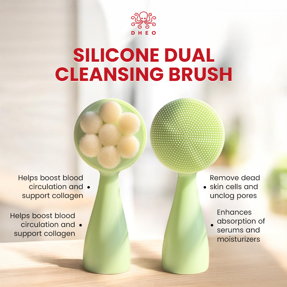 Dimension guide for the DHEO Dual Cleansing Brush, displaying the 12cm length and 5cm width of the brush head.