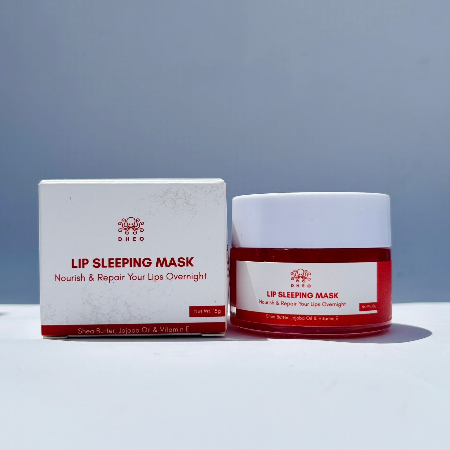 DHEO Lip Sleeping Mask with cute applicator, deeply hydrating overnight lip treatment for dry, chapped lips. Enriched with shea butter, jojoba oil, and watermelon seed oil, suitable for all skin types.