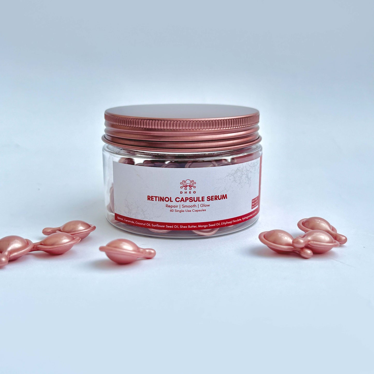 DHEO Retinol Capsule Serum – Radiance in Every Capsule
Apply serum after twisting capsule, avoid eyes, follow with SPF in the day.

60 capsules with 0.5ml each — enriched with coconut oil & hydrogenated lecithin.