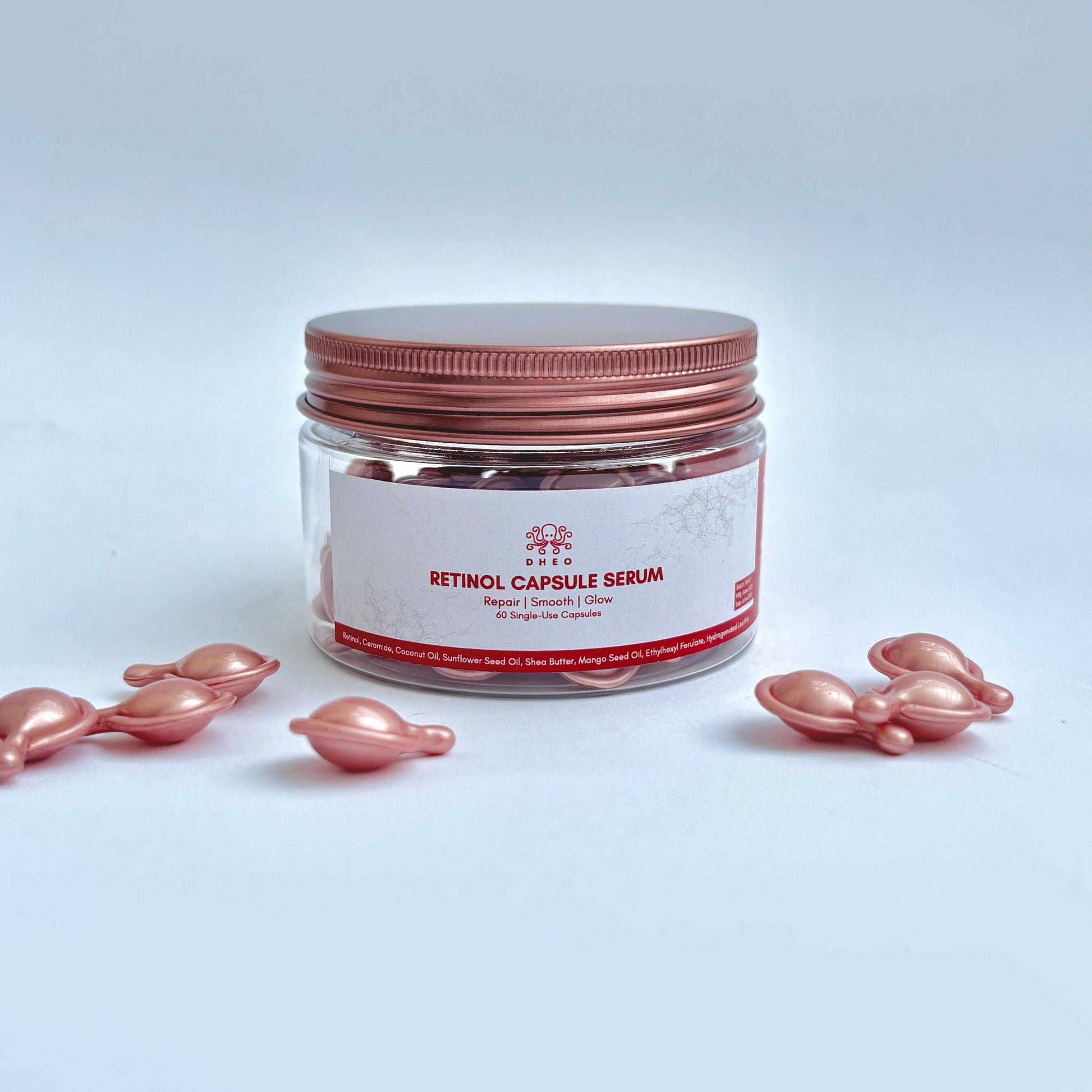 DHEO Retinol Capsule Serum – Radiance in Every Capsule
Apply serum after twisting capsule, avoid eyes, follow with SPF in the day.

60 capsules with 0.5ml each — enriched with coconut oil & hydrogenated lecithin.
