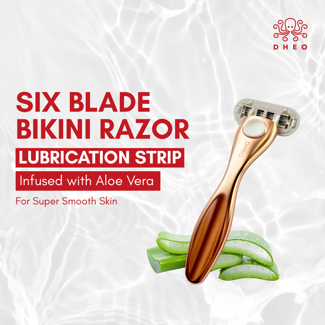 DHEO Better Shaving Bikini Metal Razor with 6-blade system for smooth, safe grooming of sensitive areas. Eco-friendly reusable metal handle with replaceable stainless steel blades.