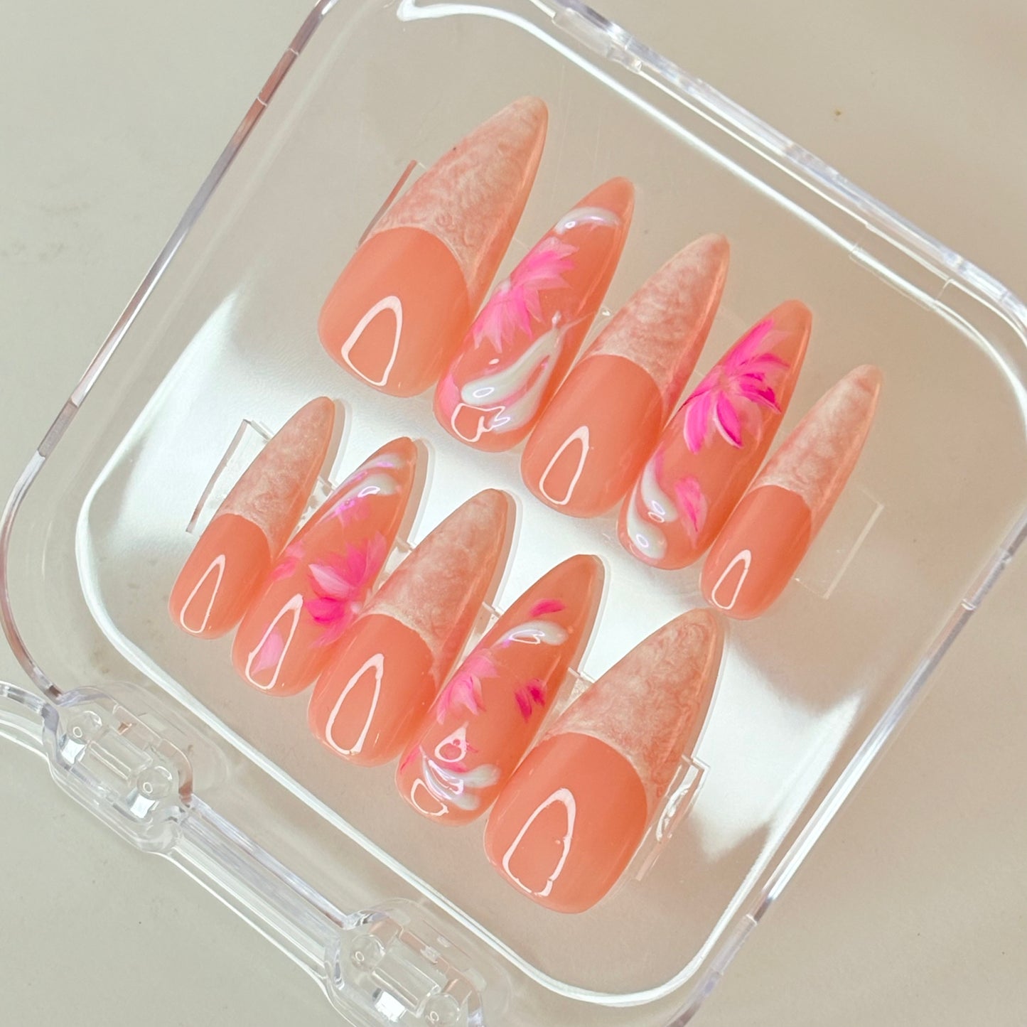 Peony Dreams press-on nails flat-lay showing soft pink with peony floral art