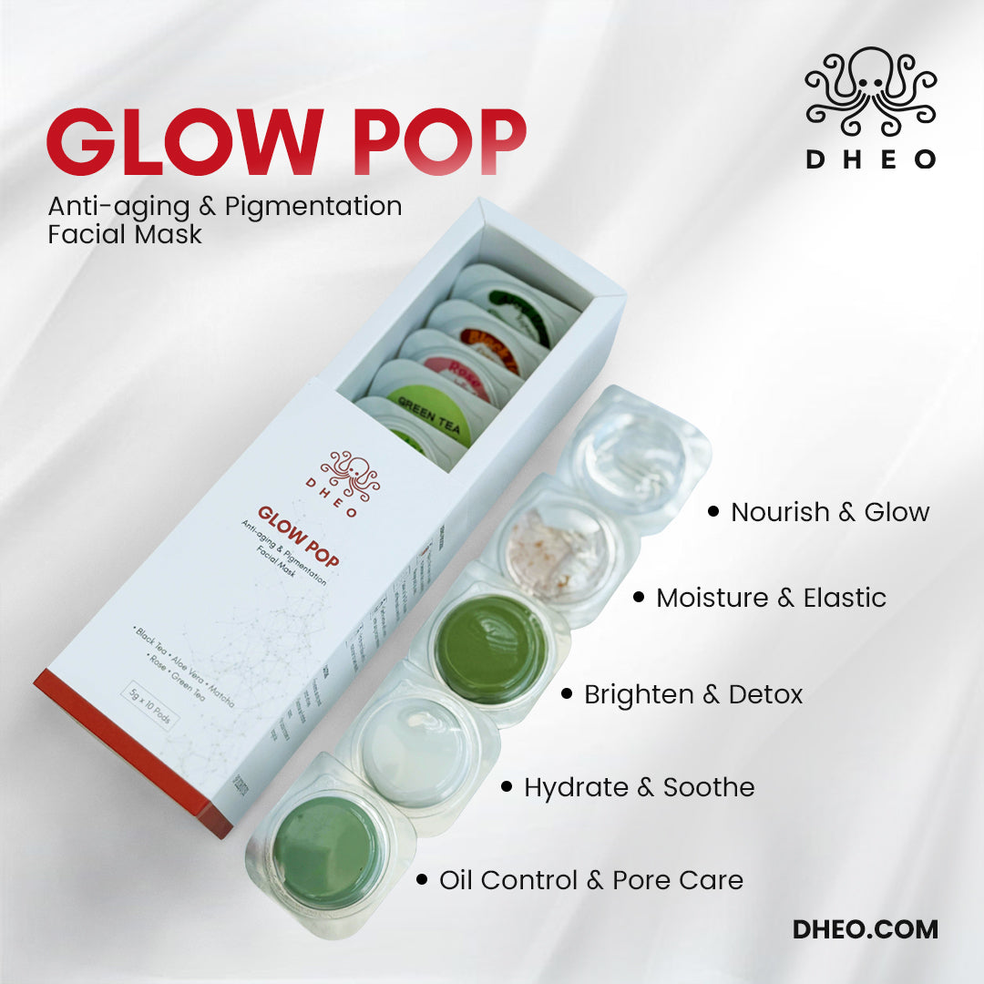 Glow Pop Face Mask pods with key ingredients and benefits display