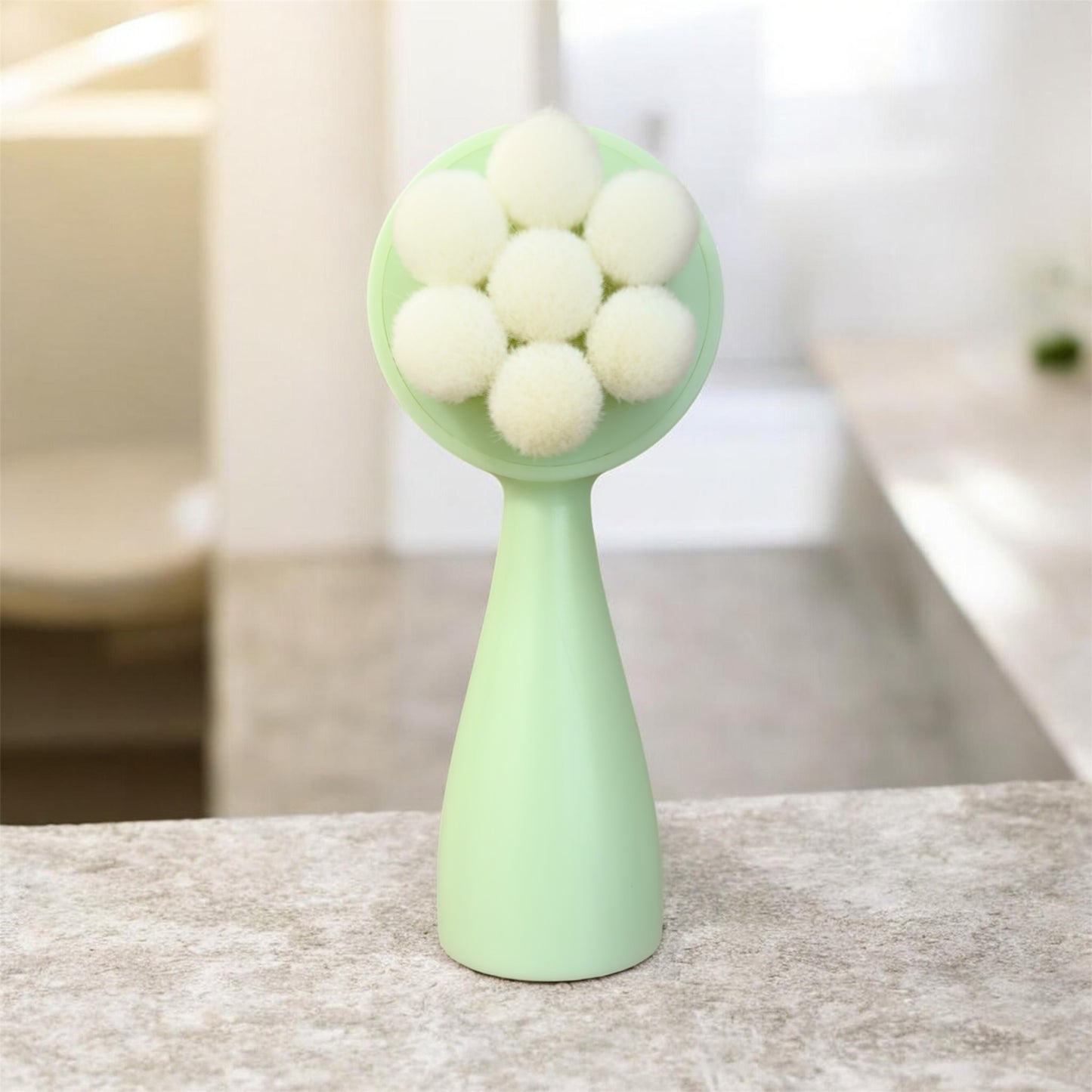 Soft, dense bristle side of the DHEO Dual Cleansing Brush, perfect for gentle exfoliation and improving facial blood circulation.